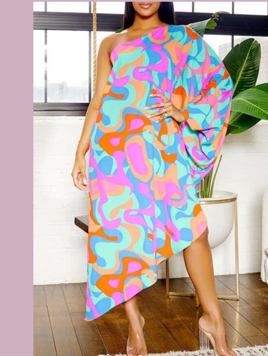 Tyche Dresses & Skirts - Tyche Womens One Shoulder Asymmetrical Dress Vibrant Turquoise Fuschia Orange